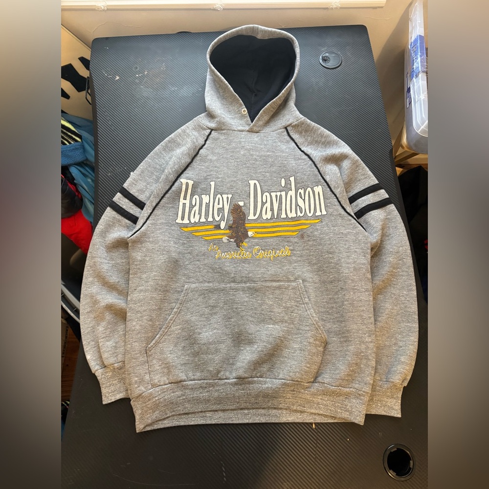 Vintage Harley Davidson 1987 Jerzees Gray Hoodie Size Mens L measurements shown